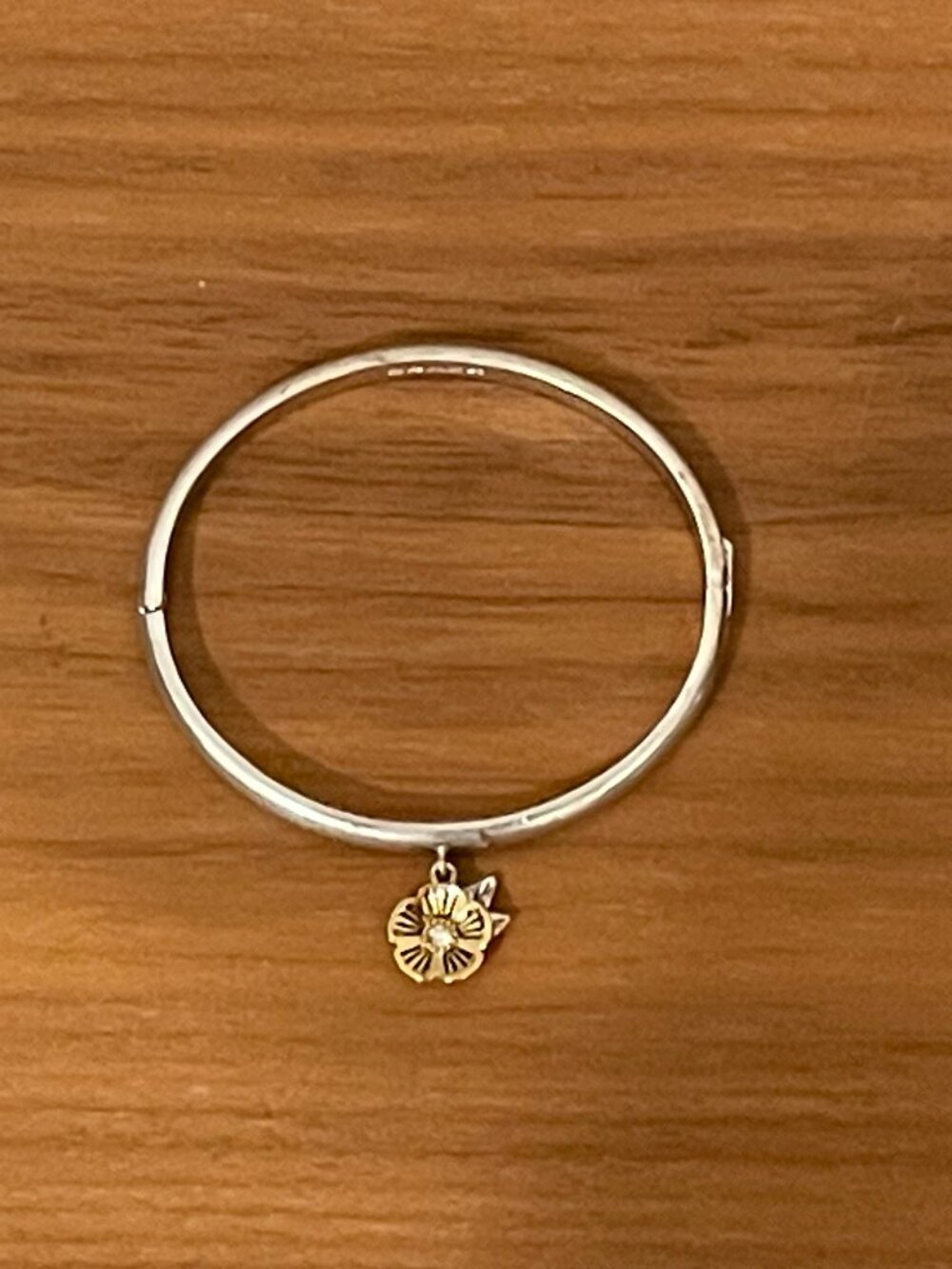 Coach Signature Tea Rose Charm Two-Tone Hinged Bangle Bracelet with Box